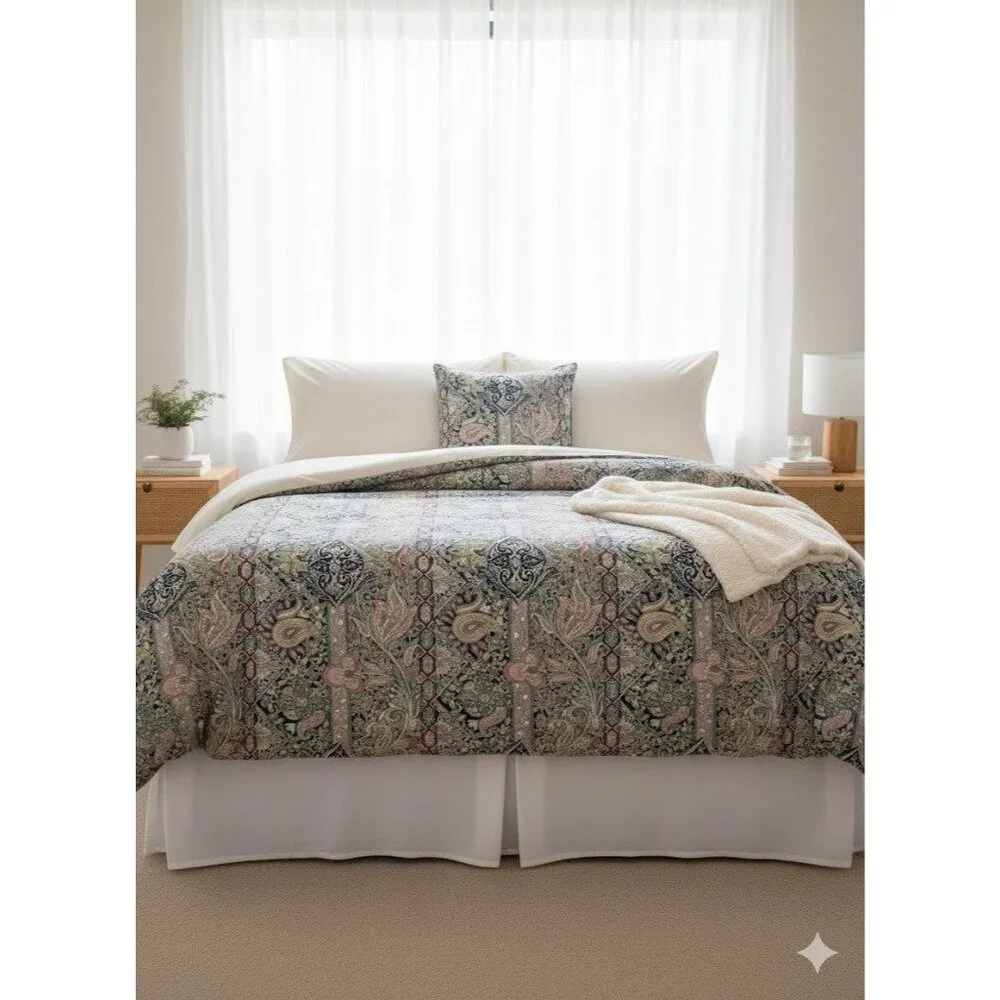Pottery Barn Jane Paisley King‎ Duvet Cover Sage Green Floral Cotton Percale